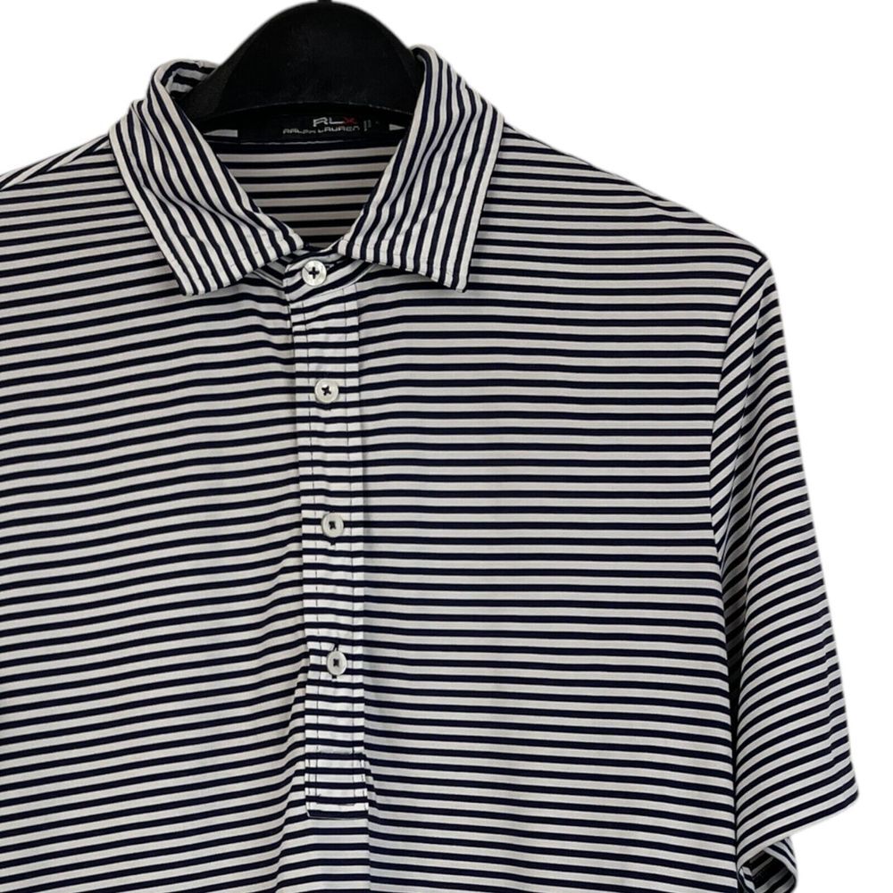RLX Ralph Lauren Mens M Performance Stretch Short Sleeve Polo Blue White Striped
